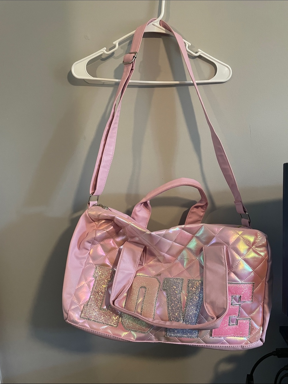Iridescent Pink Quilted Travel Duffel with Glitter LOVE Accent